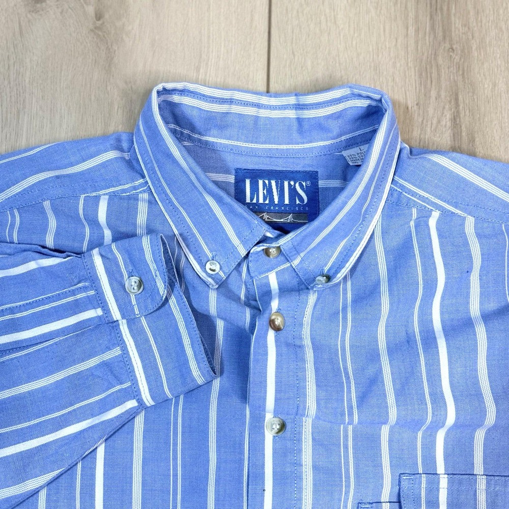Vintage 80s Levi's Big E Striped Button Down Shirt Blue White‎ L Long Sleeve